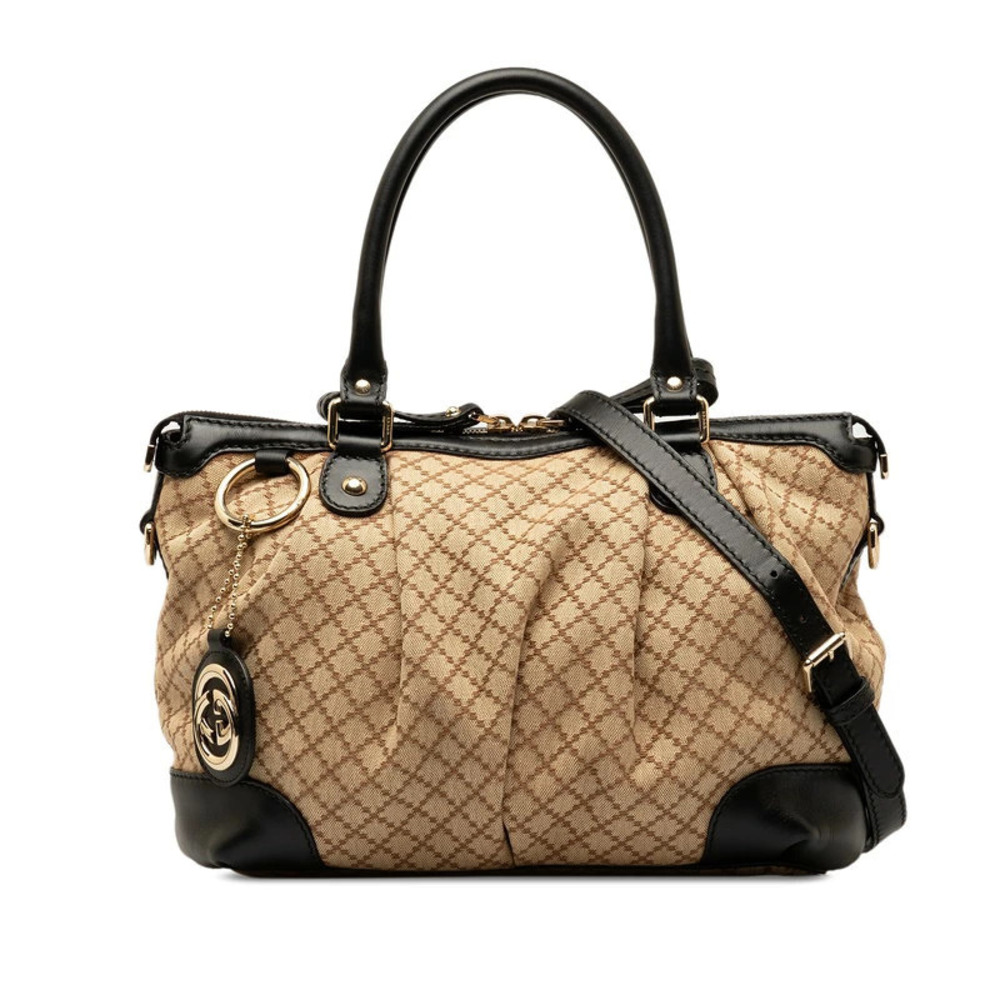 Gucci 2way Leather Diamante Bag Sukey Beige Canvas Shoulder Black Tan Black